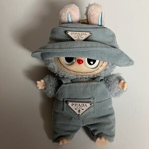 Designer Overalls Corduroy Bucket Hat Outfit For Labubu Blue 2 Piece Set
